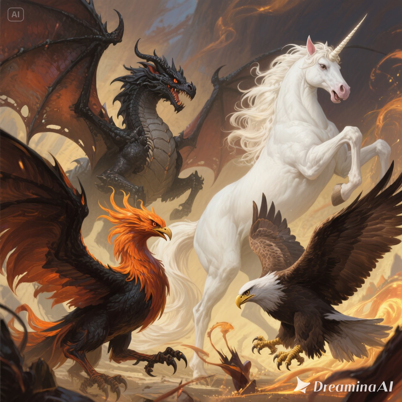 Illustration of unicorn, dragon, phoenix, and griffin side by side representing magical beasts