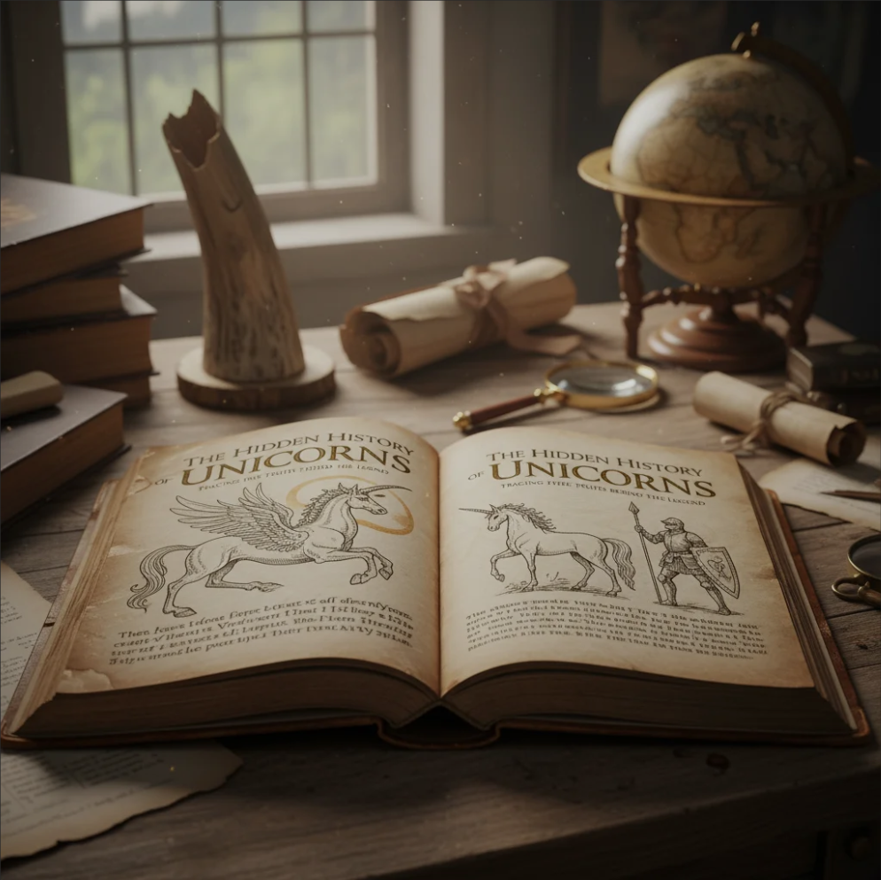 Illustration of a majestic white unicorn standing in an ancient forest, glowing under sunlight, symbolizing purity and mythical origins.