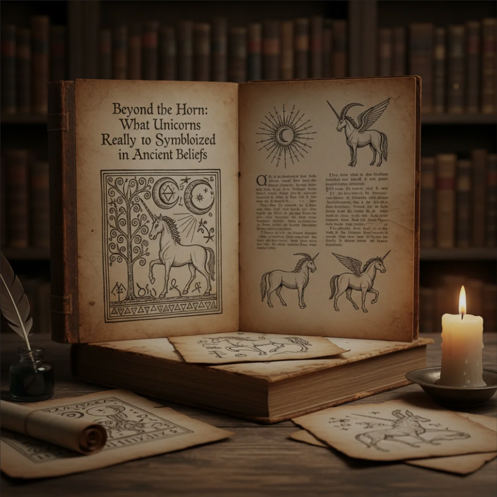 Elegant depiction of an ancient unicorn surrounded by mystical light and ancient symbols, representing purity and divine power