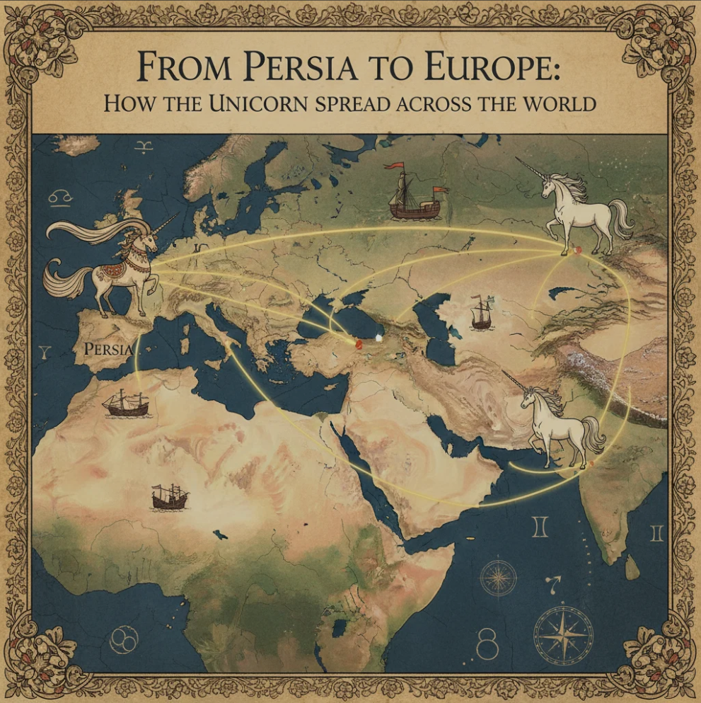 An artistic depiction of a unicorn set against Persian and European backdrops, symbolizing the creature’s mythological journey across civilizations.