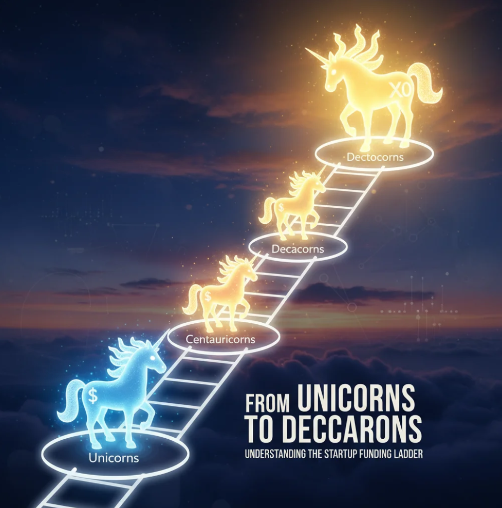 Infographic showing startup funding stages from seed to decacorn