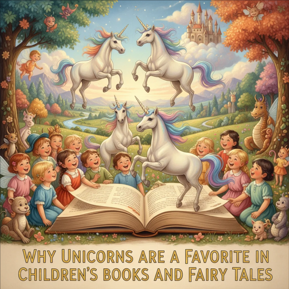 Unicorn in a magical fairy-tale forest representing children’s books and imagination.