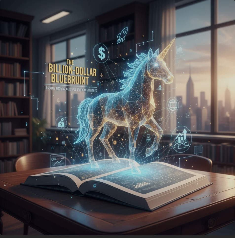 Founders brainstorming in a modern startup office with a digital unicorn icon overlay