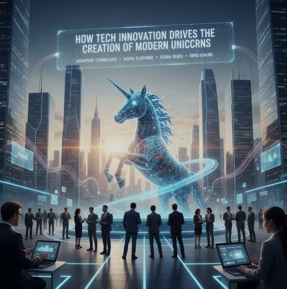 Modern tech startup team brainstorming ideas for innovation with a digital unicorn graphic overlay