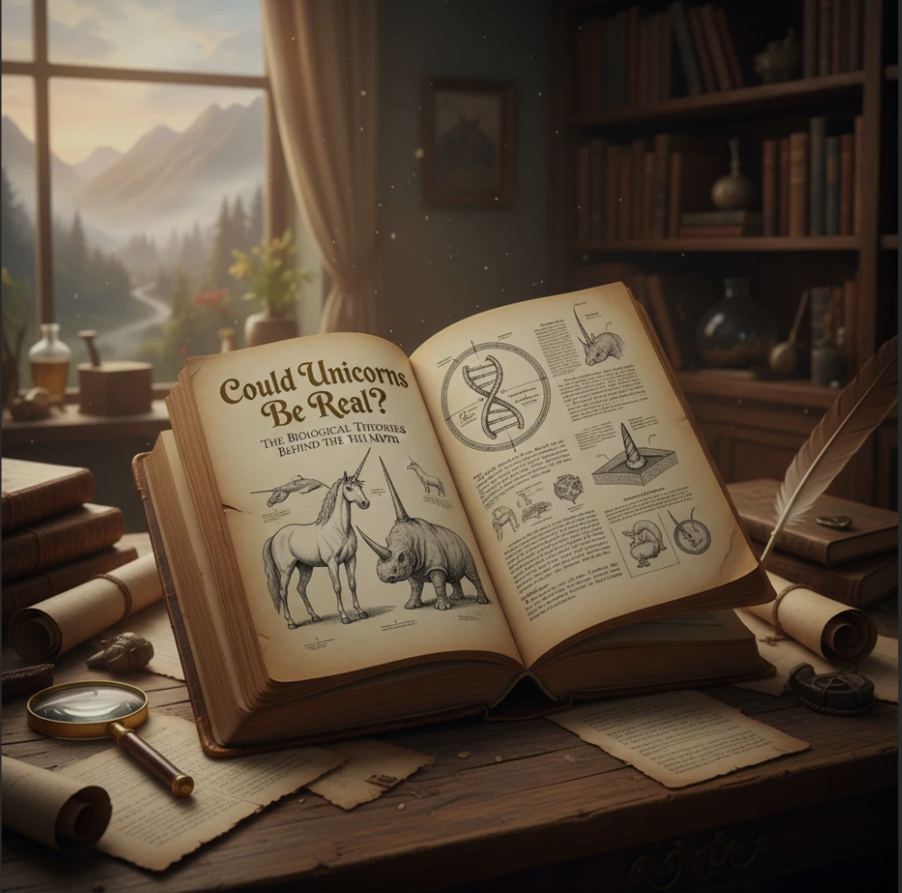 Artistic illustration of a unicorn beside ancient fossils and horned animals