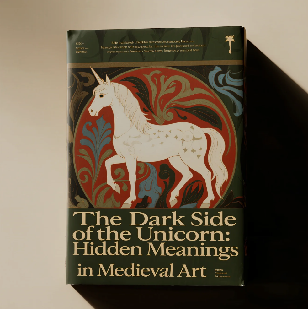 Medieval illustration of a unicorn in a forest surrounded by symbolic elements