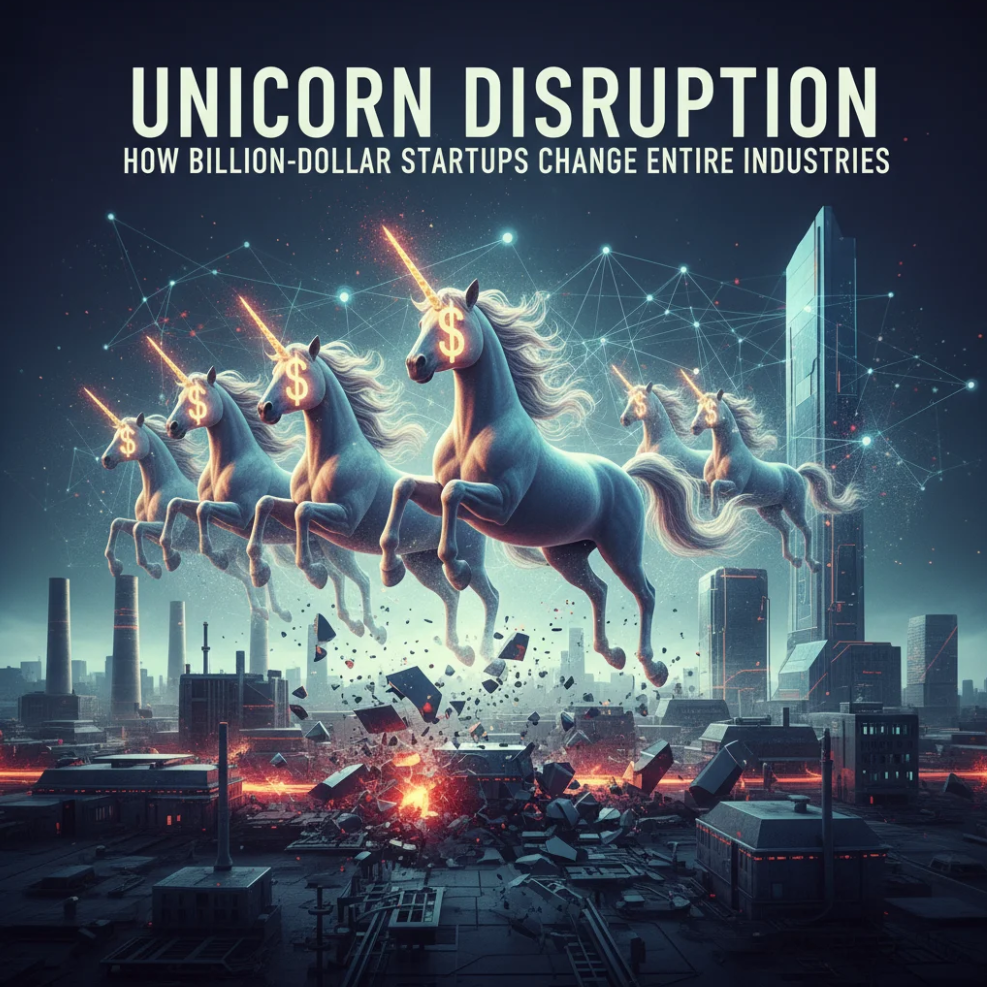 Illustration of a unicorn breaking through digital icons symbolizing innovation and industry disruption