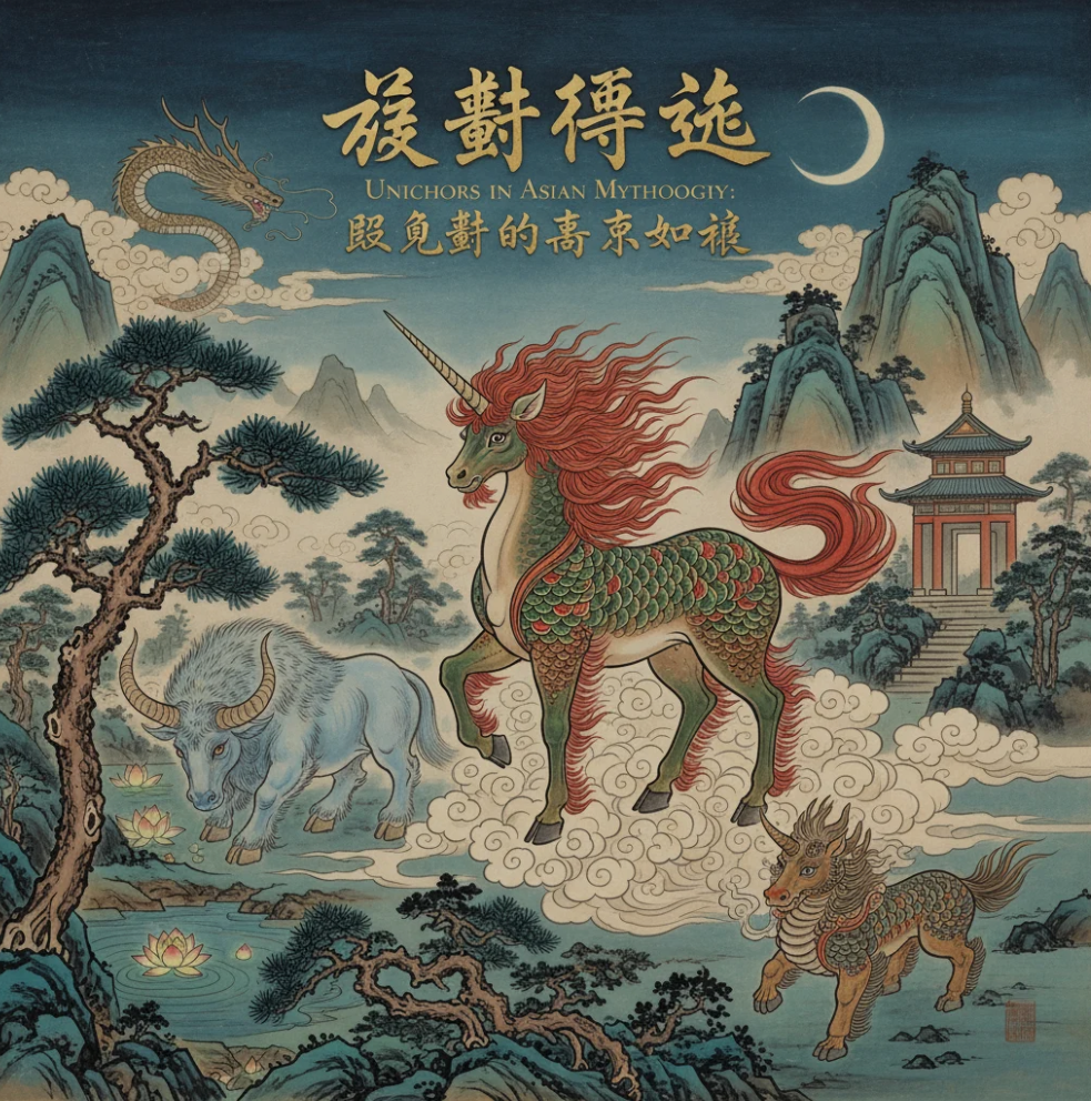 Illustration of an Asian-style unicorn (Qilin) surrounded by traditional cultural motifs