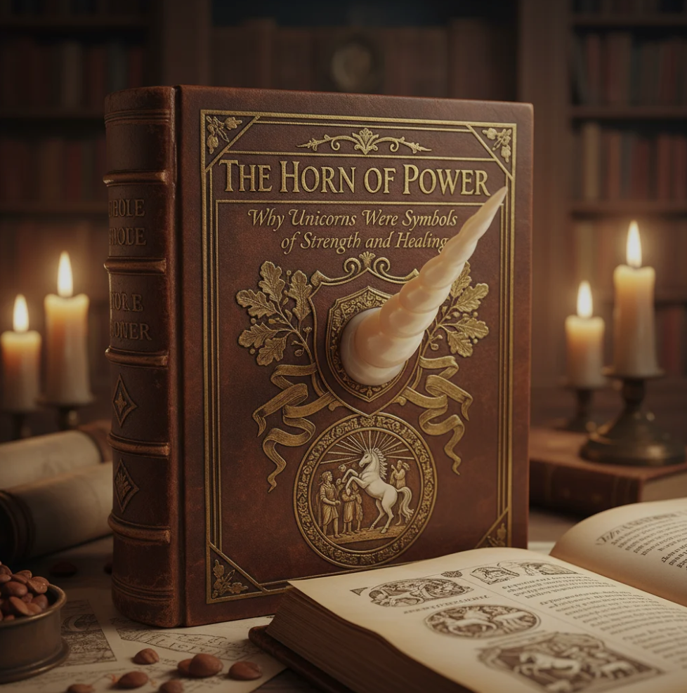 Ancient illustration of a unicorn with a glowing spiral horn symbolizing healing and strength